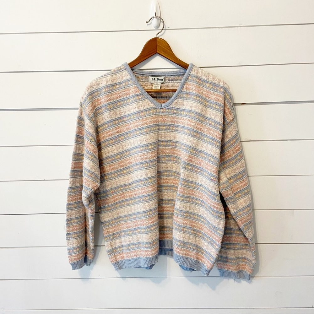 L.L. Bean Pastel Stripe V-Neck Sweater in Light Blue and Peach